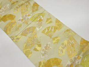 扇に松竹梅・蝶・花々模様織出し袋帯